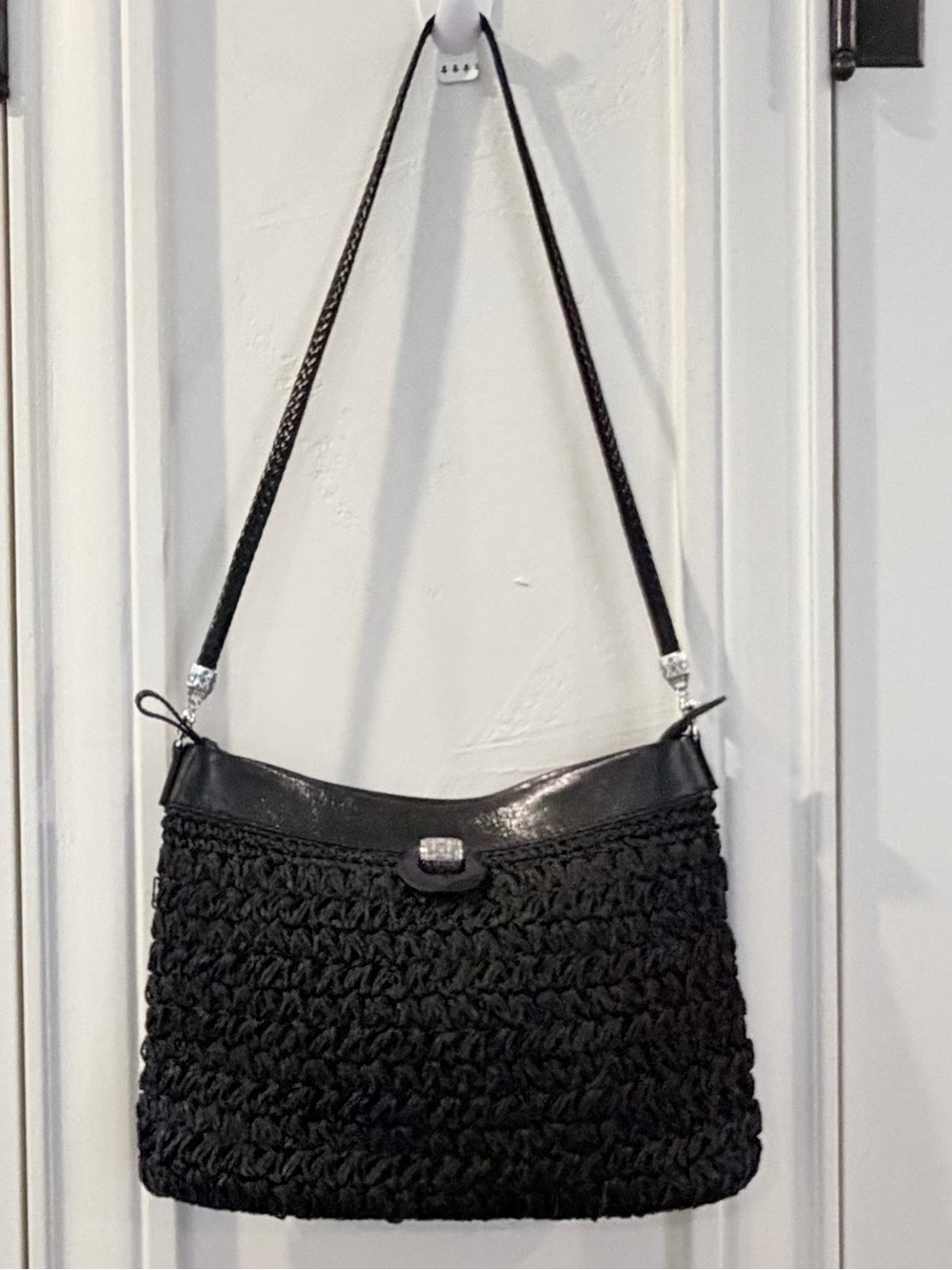 Brighton Woven Raffia Rectangular Stylish Bag Black Leather Trim